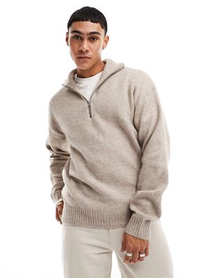 Jack & Jones 1/4 zip oversize sweater in beige-Neutral