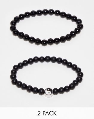 Jack & Jones 2 pack bracelet with faux pearl yin yang design in black