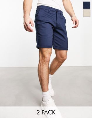 Jack & Jones 2 pack chino shorts in navy and tan-Multi