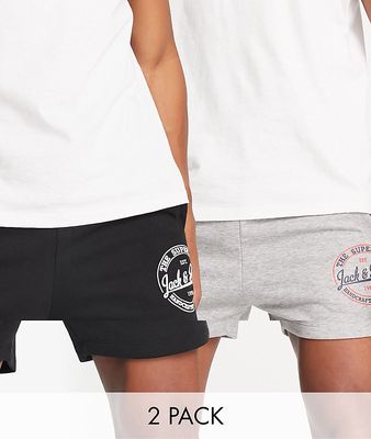Jack & Jones 2 pack shorts in black & light gray