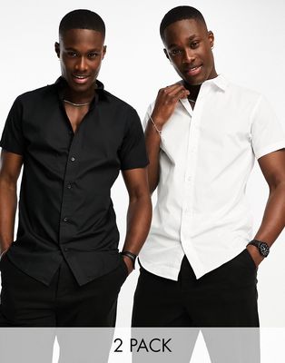 Jack & Jones 2-pack slim fit short sleeve smart shirts in white & black-Multi