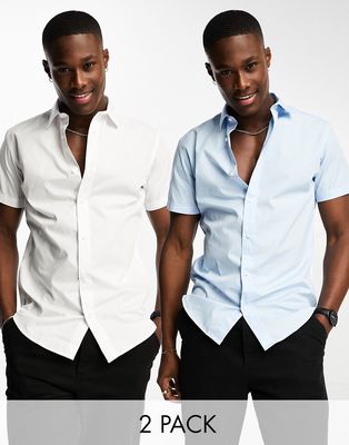 Jack & Jones 2-pack slim fit short sleeve smart shirts in white & blue-Multi