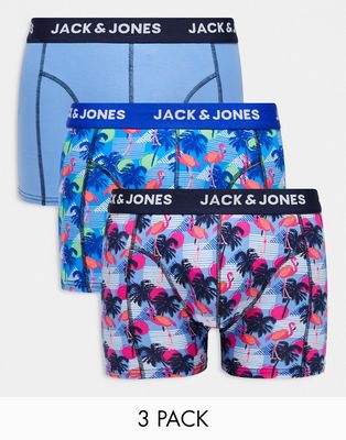 Jack & Jones 3 pack briefs in blue flamingo print