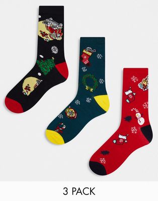 Jack & Jones 3 pack christmas gift socks in red-Multi