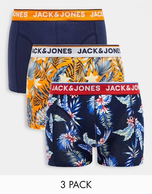 Jack & Jones 3 pack floral trunks in navy and orange