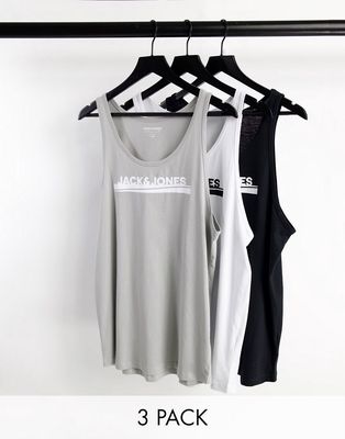 Jack & Jones 3 pack tank tops in navy green blue-Multi