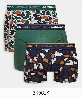 Jack & Jones 3 pack trunk in camo print in green