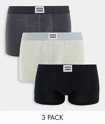 Jack & Jones 3 pack trunks in black and gray with tab logo-Multi