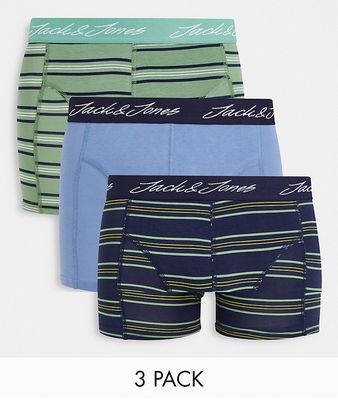 Jack & Jones 3 pack trunks in green and blue stripe-Multi