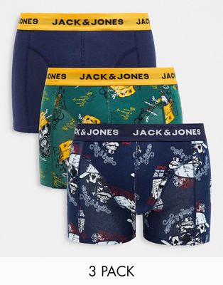 Jack & Jones 3 pack trunks in skull print in navy-Green