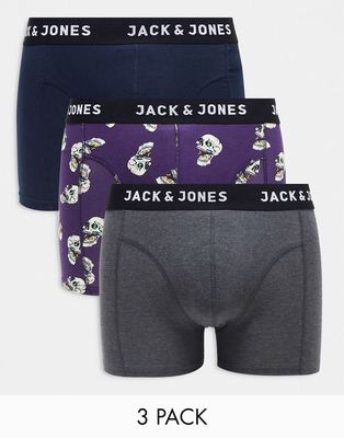 Jack & Jones 3 pack trunks in skulls-Navy