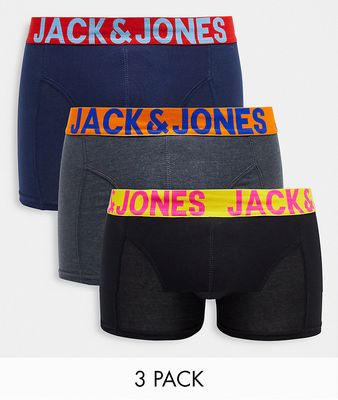 Jack & Jones 3 pack trunks with contrast color waist band-Black