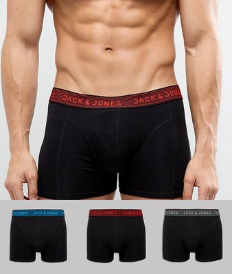 Jack & Jones 3 pack trunks with contrast waistband-Black