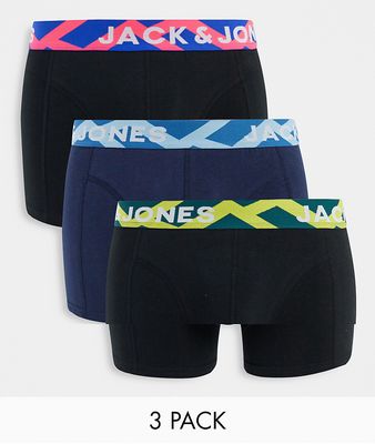 Jack & Jones 3 pack trunks with contrast waistband in black
