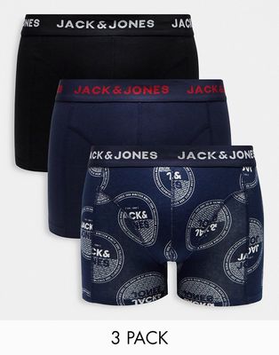 Jack & Jones 3 pack trunks with logo print in navy & black