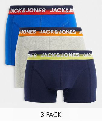 Jack & Jones 3 pack trunks with ombre waistband in navy and gray-Multi