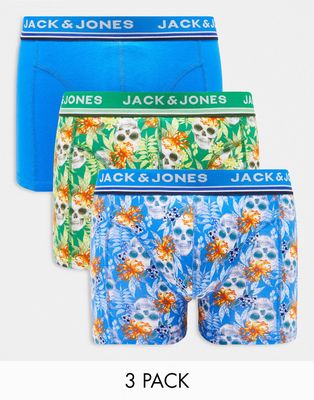Jack & Jones 3 pack trunks with skull print in blue-Multi