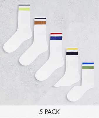 Jack & Jones 5 pack crew socks with color stripe in white