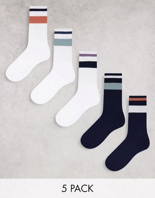Jack & Jones 5 pack crew socks with stripes in navy and white-Multi