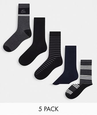 Jack & Jones 5 pack socks in gray stripes-Black