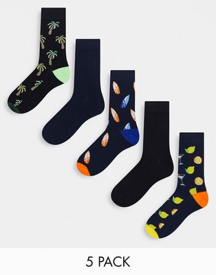 Jack & Jones 5 pack socks in tropical print-Black