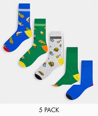 Jack & Jones 5 pack socks with bright multi color food prints