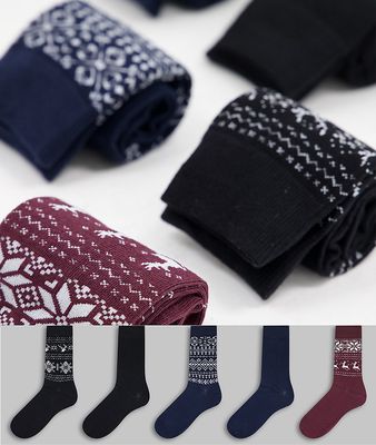 Jack & Jones 5 pack socks with Christmas fairisle print in multi color-Navy