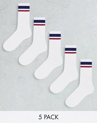 Jack & Jones 5 pack tennis socks in navy and red stripe-White
