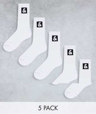 Jack & Jones 5 pack tennis socks with & print in white
