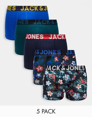 Jack & Jones 5-pack trunks in navy floral print-Green