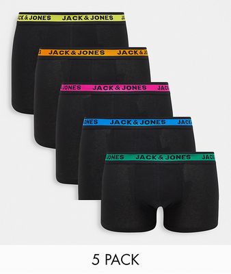 Jack & Jones 5 pack trunks with contrast color waistband in black