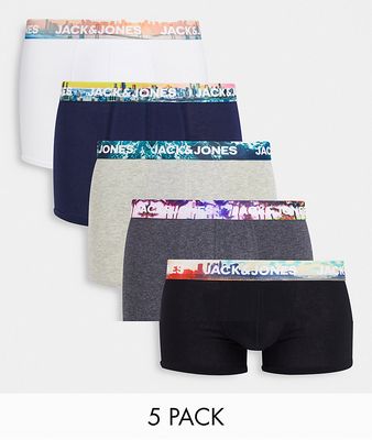 Jack & Jones 5 pack trunks with print waistband in multi