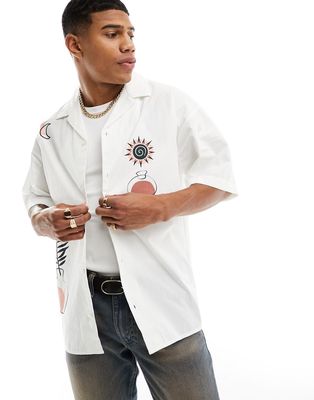 Jack & Jones boxy fit revere shirt with placement prints in white