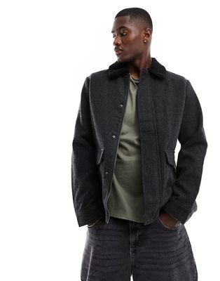 Jack & Jones brushed jacket with shearling collar in gray check-Brown