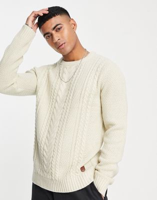 Jack & Jones cable knit crew neck sweater in oatmeal-Neutral