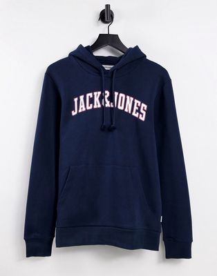 Jack & Jones college logo overhead hoodie in navy