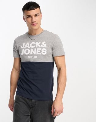 Jack & Jones color block t-shirt in light gray & navy