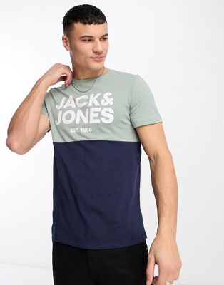 Jack & Jones color block t-shirt in pale green & navy