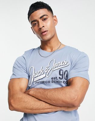 Jack & Jones crew neck logo T-shirt in denim blue