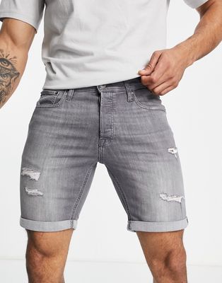 Jack & Jones denim shorts in slim fit with rips in gray