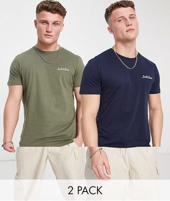 Jack & Jones Essentials 2 pack t-shirts with script chest logo in navy and khaki-Multi