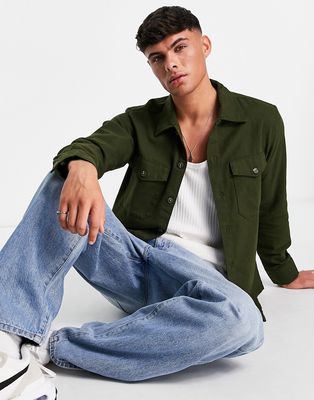 Jack & Jones Essentials brushed overshirt in khaki-Green