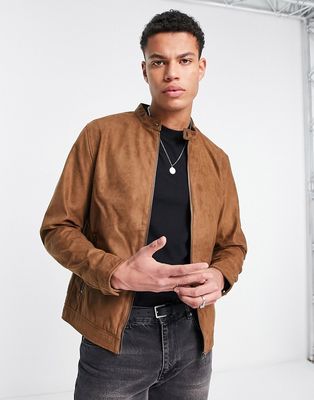 Jack & Jones Essentials faux suede moto jacket in tan-Brown