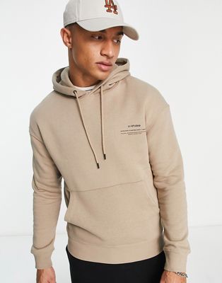 Jack & Jones Essentials hoodie with chest print in beige-Neutral
