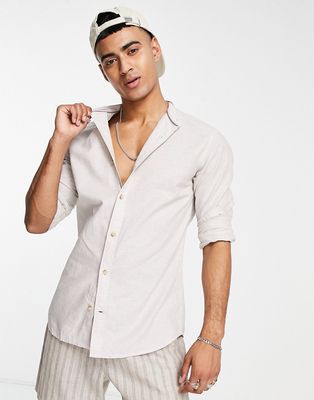 Jack & Jones Essentials linen grandad collar shirt in beige-Neutral