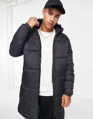 Jack & Jones Essentials longline puffer coat with hood in black with double zip