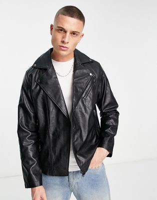 Jack & Jones faux leather biker jacket in black
