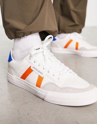 Jack & Jones faux leather sneakers with contrast orange panel in white