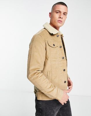 Jack & Jones Intelligence corduroy jacket with borg collar in beige-Neutral