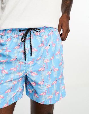 Jack & Jones Intelligence flamingo swim shorts in blue